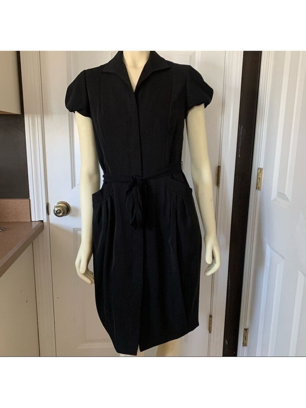 NWT Lafayette 148 Black Button Up Tie Shirt Dress Puff Sleeves Size 4